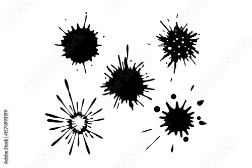 Set of five black grunge ink splatter textures for creative design