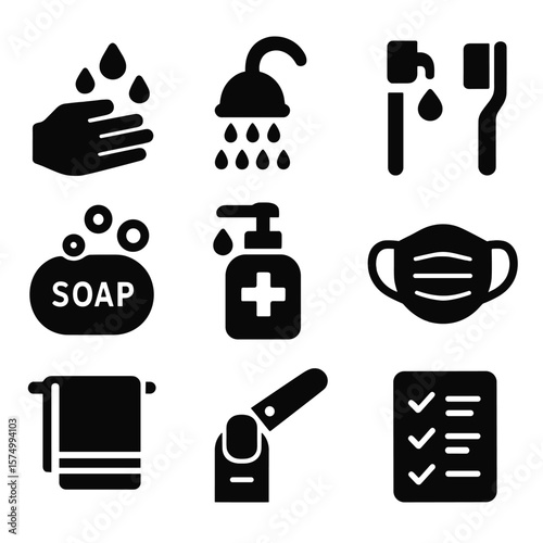 Hygiene Icons Collection. Solid vector icons of personal hygiene: hand washing icon, showerhead with drops, toothbrush and paste,