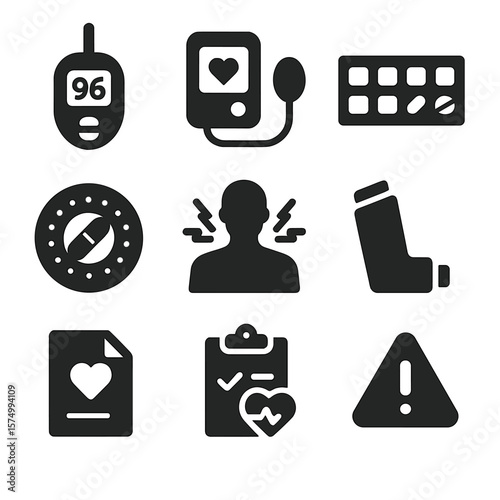 Chronic Care Icons. Solid vector icons of chronic condition care: glucose meter icon, blood pressure monitor, medicine organizer