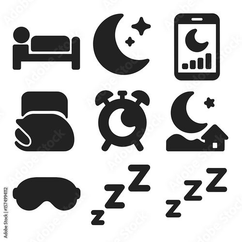 Sleep Icons Collection. Solid vector icons of rest and sleep: person sleeping icon, moon and stars, sleep tracker screen, sleep
