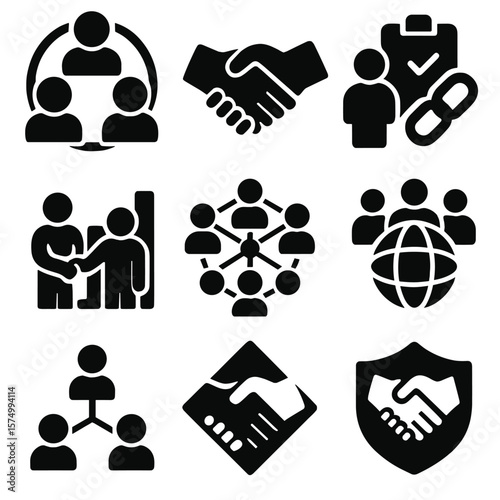 Partner Network Icons. Solid vector icons of partner networks and alliances: team handshake circle, partnership chain icon,