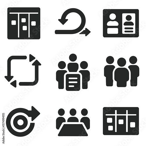 Agile Teamwork Icons. Solid vector icons of agile and sprint teamwork: scrum board icon, sprint cycle diagram, agile card with