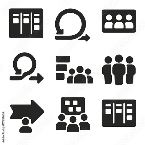 Agile Teamwork Icons. Solid vector icons of agile and sprint teamwork: scrum board icon, sprint cycle diagram, agile card with
