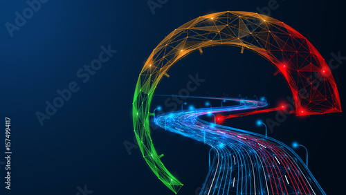 Futuristic visualization of speed and digital technology. A speedometer at maximum power and the high-speed road of the future. Polygonal design of interconnected lines and dots.