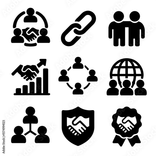 Partner Network Icons. Solid vector icons of partner networks and alliances: team handshake circle, partnership chain icon,