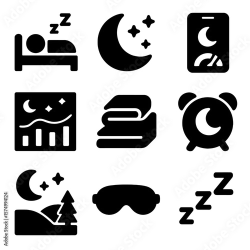 Sleep Icons Collection. Solid vector icons of rest and sleep: person sleeping icon, moon and stars, sleep tracker screen, sleep