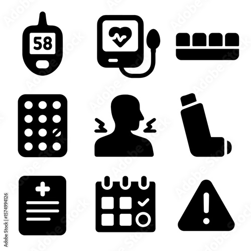 Chronic Care Icons. Solid vector icons of chronic condition care: glucose meter icon, blood pressure monitor, medicine organizer