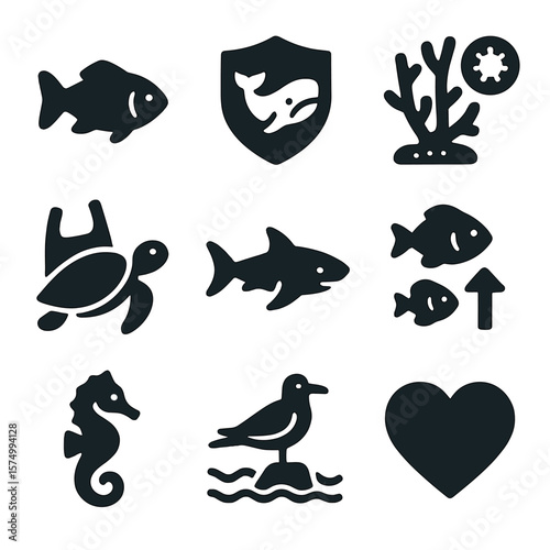 Endangered Marine Icons. Solid vector icons of endangered marine species: endangered fish icon, protected whale badge, coral