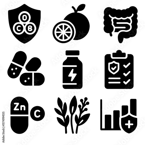 Immune Support Icons. Solid vector icons of immune support: shield with vitamins icon, orange and lemon symbol, healthy gut icon,