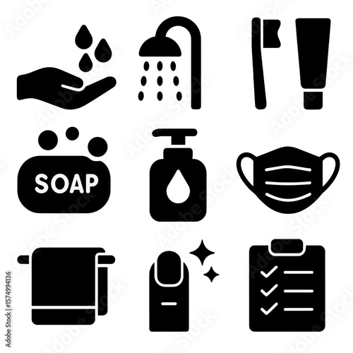 Hygiene Icons Collection. Solid vector icons of personal hygiene: hand washing icon, showerhead with drops, toothbrush and paste,