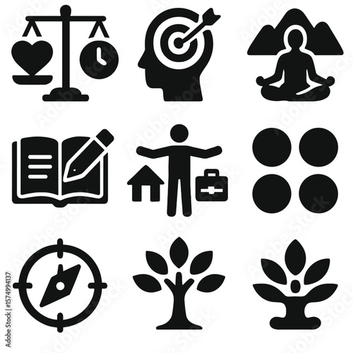 Personal Growth Icons. Solid vector icons of personal growth and life balance: balance scale with heart and clock, life goals icon