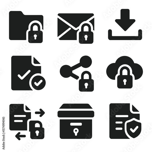 Secure File Icons. Solid vector icons of secure file sharing: locked folder icon, encrypted email symbol, secure download button,