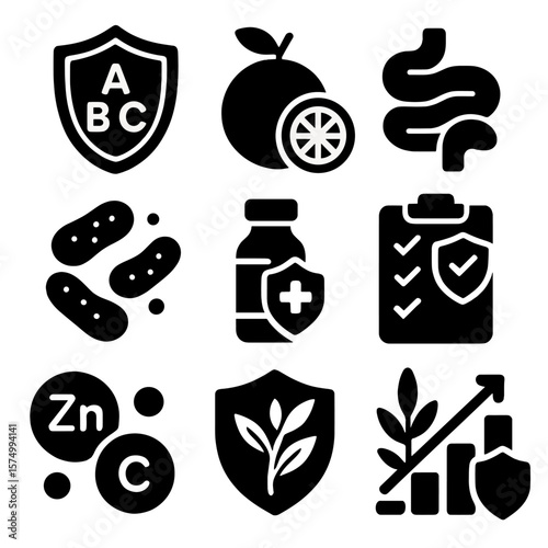 Immune Support Icons. Solid vector icons of immune support: shield with vitamins icon, orange and lemon symbol, healthy gut icon,