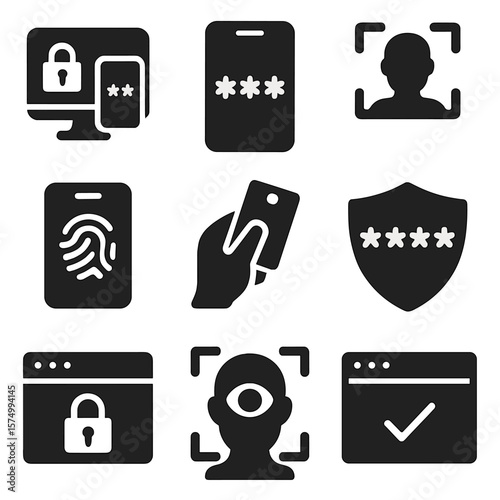Secure Authentication Icons. Solid vector icons of secure login and authentication: two-factor authentication icon, mobile OTP