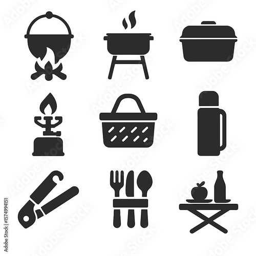 Camping Cooking Icons. Solid vector icons of cooking and food in camping: campfire cooking pot, portable grill icon, food