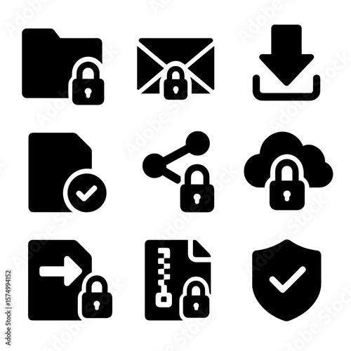 Secure File Icons. Solid vector icons of secure file sharing: locked folder icon, encrypted email symbol, secure download button,