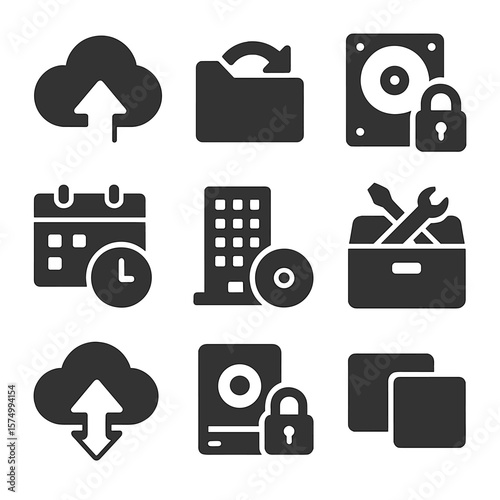 Data Backup Icons. Solid vector icons of data backup and recovery: cloud backup icon, restore files arrow, secure backup disk,