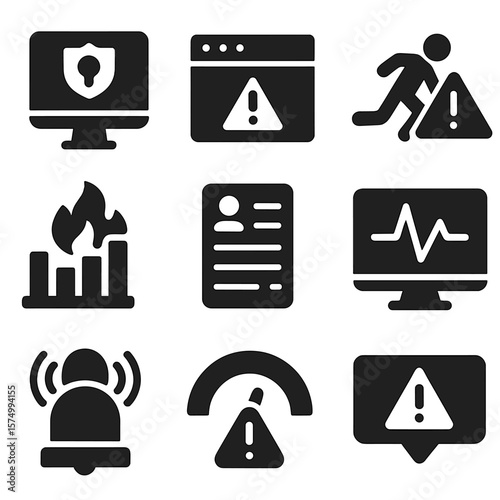 Security Icons Set. Solid vector icons of monitoring and alerts: security dashboard icon, system status alert, intrusion detection