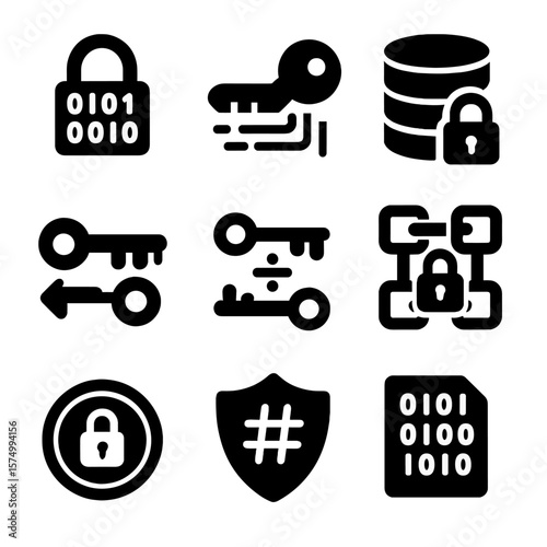 Cryptographic Symbols Set. Solid vector icons of encryption and cryptography: padlock with binary, key icon with data stream,
