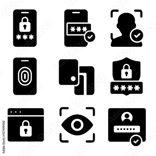 Secure Authentication Icons. Solid vector icons of secure login and authentication: two-factor authentication icon, mobile OTP