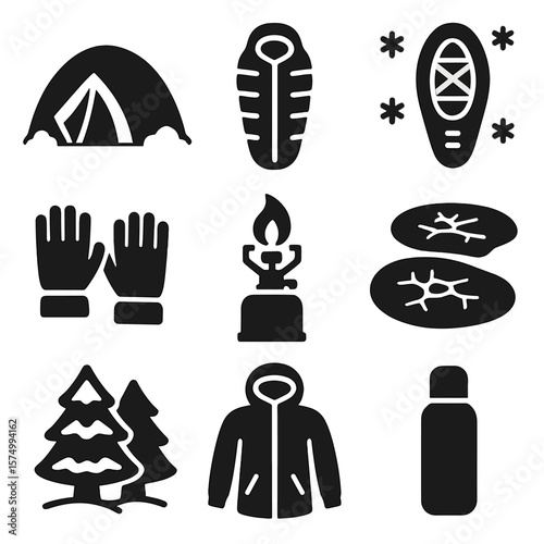 Winter Camping Icons. Solid vector icons of winter camping: snow tent icon, insulated sleeping bag, snowshoe print, winter gloves,
