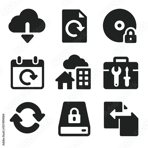 Data Backup Icons. Solid vector icons of data backup and recovery: cloud backup icon, restore files arrow, secure backup disk,