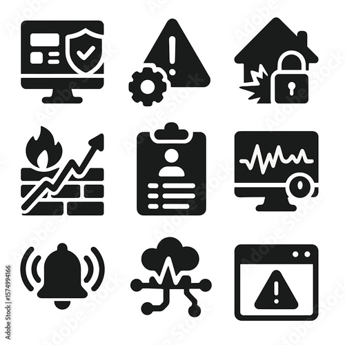 Security Icons Set. Solid vector icons of monitoring and alerts: security dashboard icon, system status alert, intrusion detection