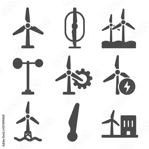Wind Power Icons. Solid vector icons of wind power technology: horizontal wind turbine, vertical axis wind turbine, wind farm icon