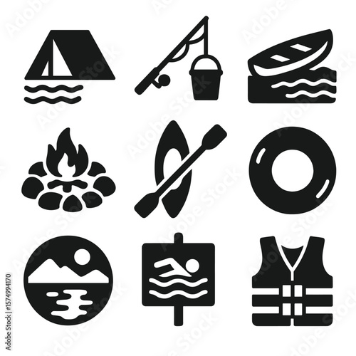 Lakeside Camping Icons. Solid vector icons of river and lakeside camping: tent near water icon, fishing rod and bucket, boat near
