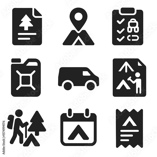 Camping Logistics Icons. Solid vector icons of camping logistics: permit form icon, GPS pin on campsite, packed gear checklist,