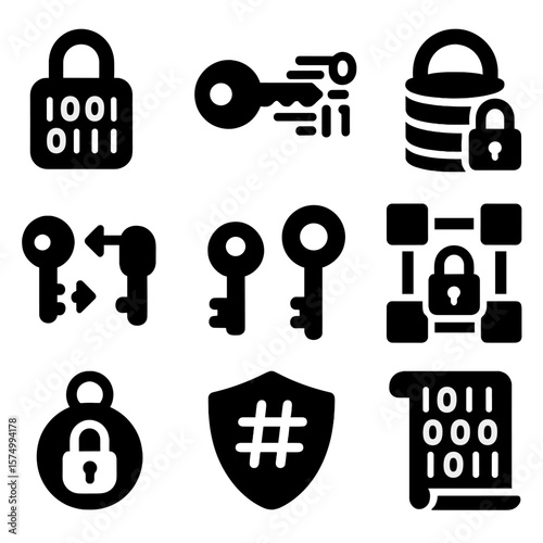Cryptographic Symbols Set. Solid vector icons of encryption and cryptography: padlock with binary, key icon with data stream,
