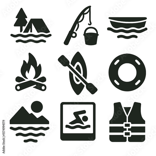 Lakeside Camping Icons. Solid vector icons of river and lakeside camping: tent near water icon, fishing rod and bucket, boat near