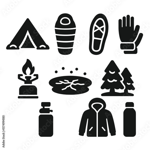 Winter Camping Icons. Solid vector icons of winter camping: snow tent icon, insulated sleeping bag, snowshoe print, winter gloves,
