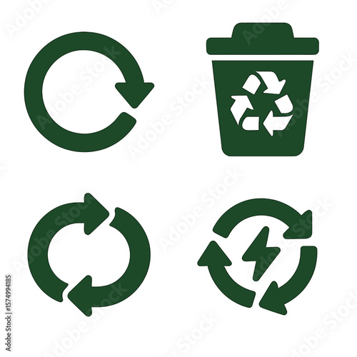 Sustainable Cycle Icons. Solid vector icons of recycling and energy loop: closed loop system icon, energy recovery bin, green loop