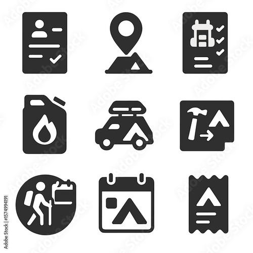 Camping Logistics Icons. Solid vector icons of camping logistics: permit form icon, GPS pin on campsite, packed gear checklist,