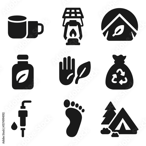 Eco-Friendly Camping Icons. Solid vector icons of eco-friendly camping: reusable dishes, solar lantern, eco tent symbol,
