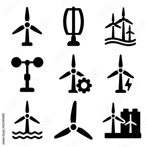 Wind Power Icons. Solid vector icons of wind power technology: horizontal wind turbine, vertical axis wind turbine, wind farm icon