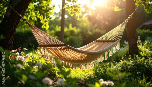 Natural fiber hammock surrounded by green leaves and flowers, sun rays making patterns on the fabric. No people, sharp and high-contrast.