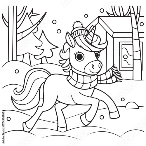 Cute Unicorn Coloring Pages with Black and white vector illustration
