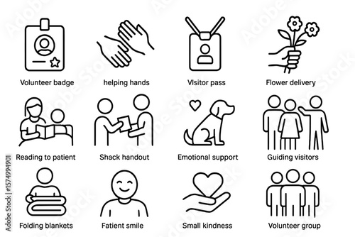 Volunteer activities icons: help, support, smiles, kindness, community
