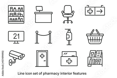 Pharmacy interior line icons: shelf, desk, chair, sign, camera, literature rack