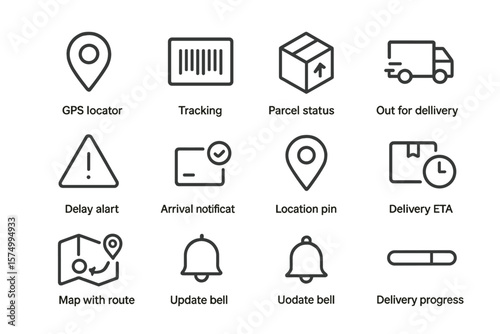 Delivery and tracking icons for gps, eta, and parcel notifications