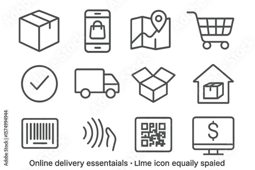 Online delivery essentials icons set on gray background