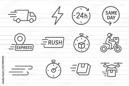 Express delivery icons: fast shipping, 24h, same day service, drone, motorcycle