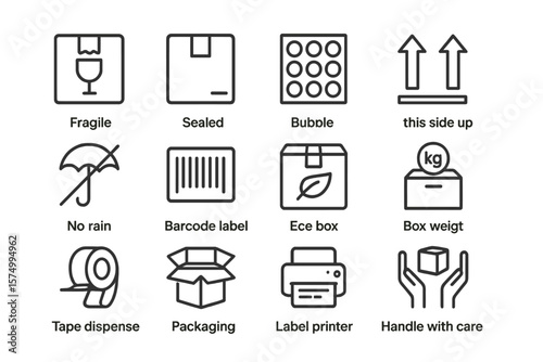 Shipping icons for fragile packages and labeling instructions