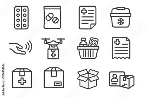 Medical delivery icons: pills, drone, box, hand, document, container