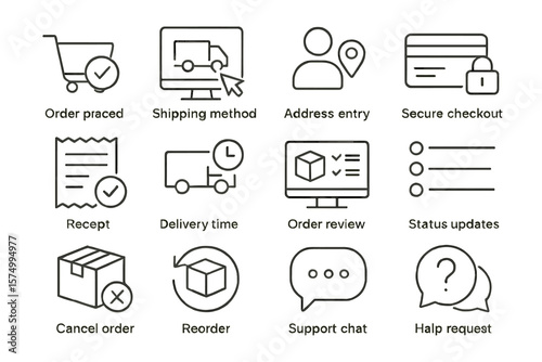 E-commerce icon set illustrating order process and customer support