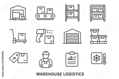 Warehouse logistics icons set with equipment and storage elements