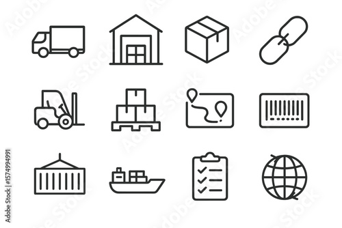 Logistics icons set featuring transport, delivery, warehouse, and shipping elements