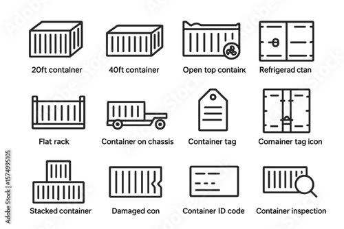 Vector icons of various shipping containers on grey background